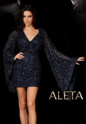 Aleta 747 Long Sleeve Homecoming Cocktail Short Sequin Dress