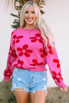 Big Rose Flower Knit Ribbed Trim Sweater