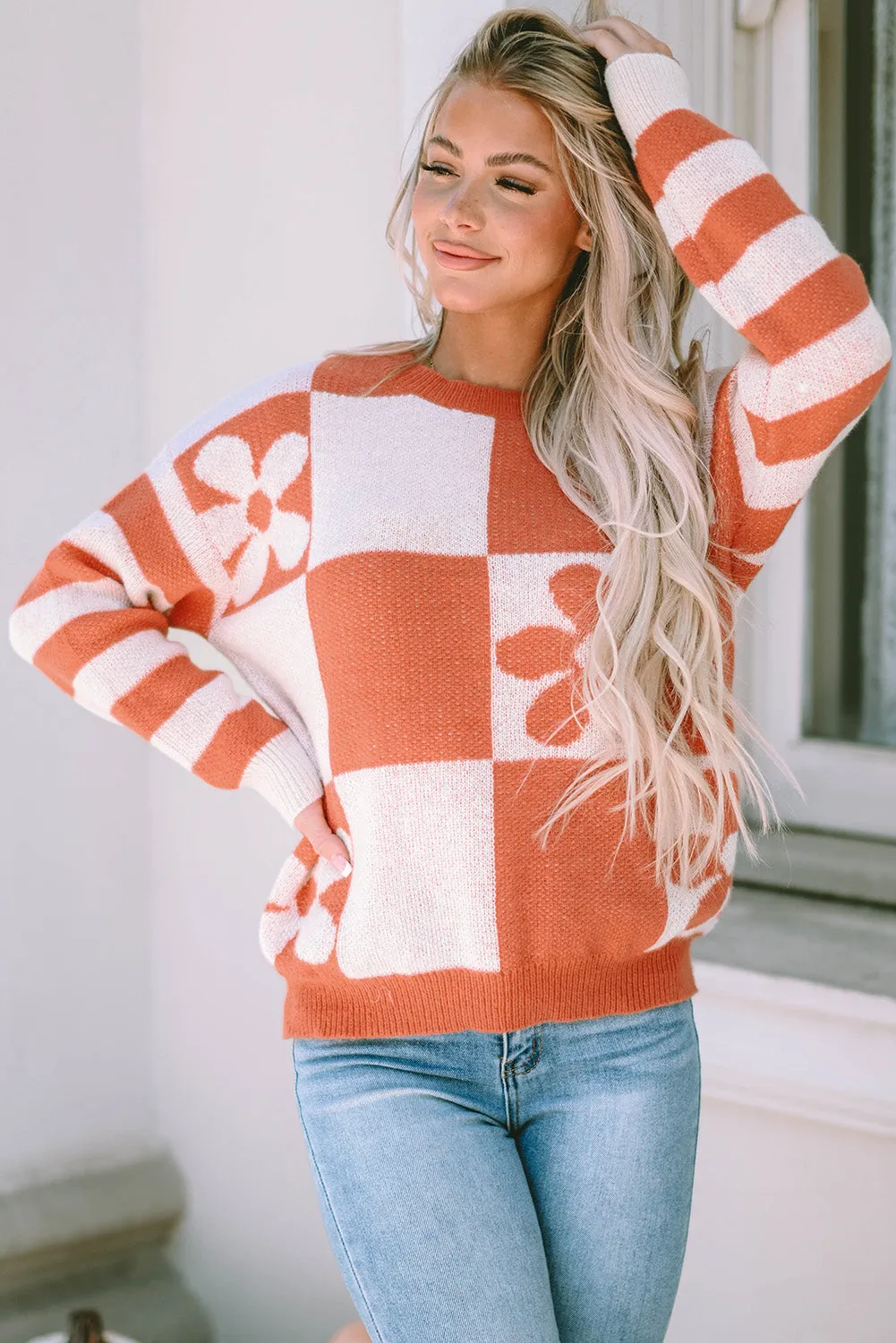 Checkered Floral Print Striped Sweater