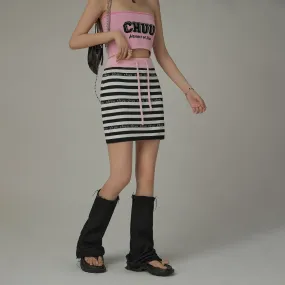 Color Banded String Chuu Lettering Striped Skirt